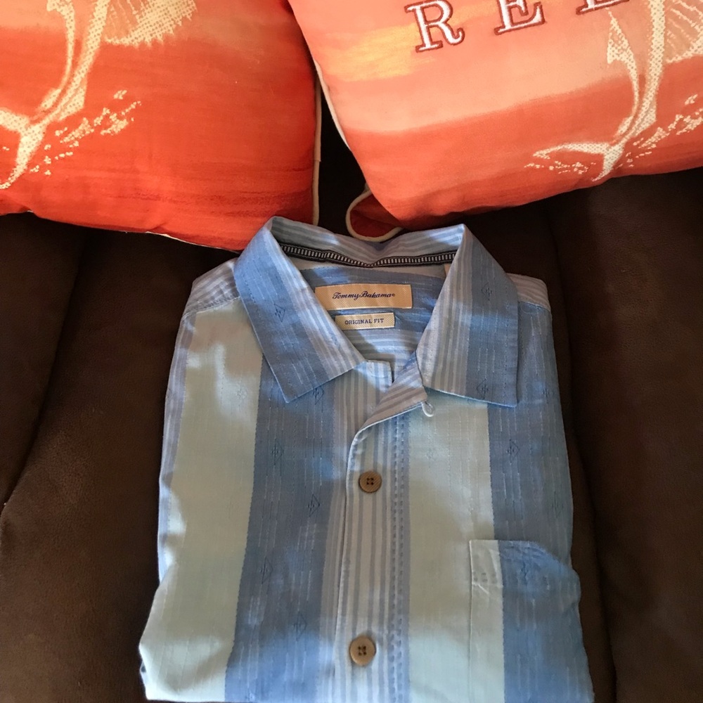 Tommy Bahama, Blue(Striped), Short Sleeve, Large